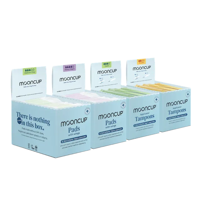 mooncup-complete-display-box-bundle-160-assorbenti-240-tamponi-con-applicatore image 1