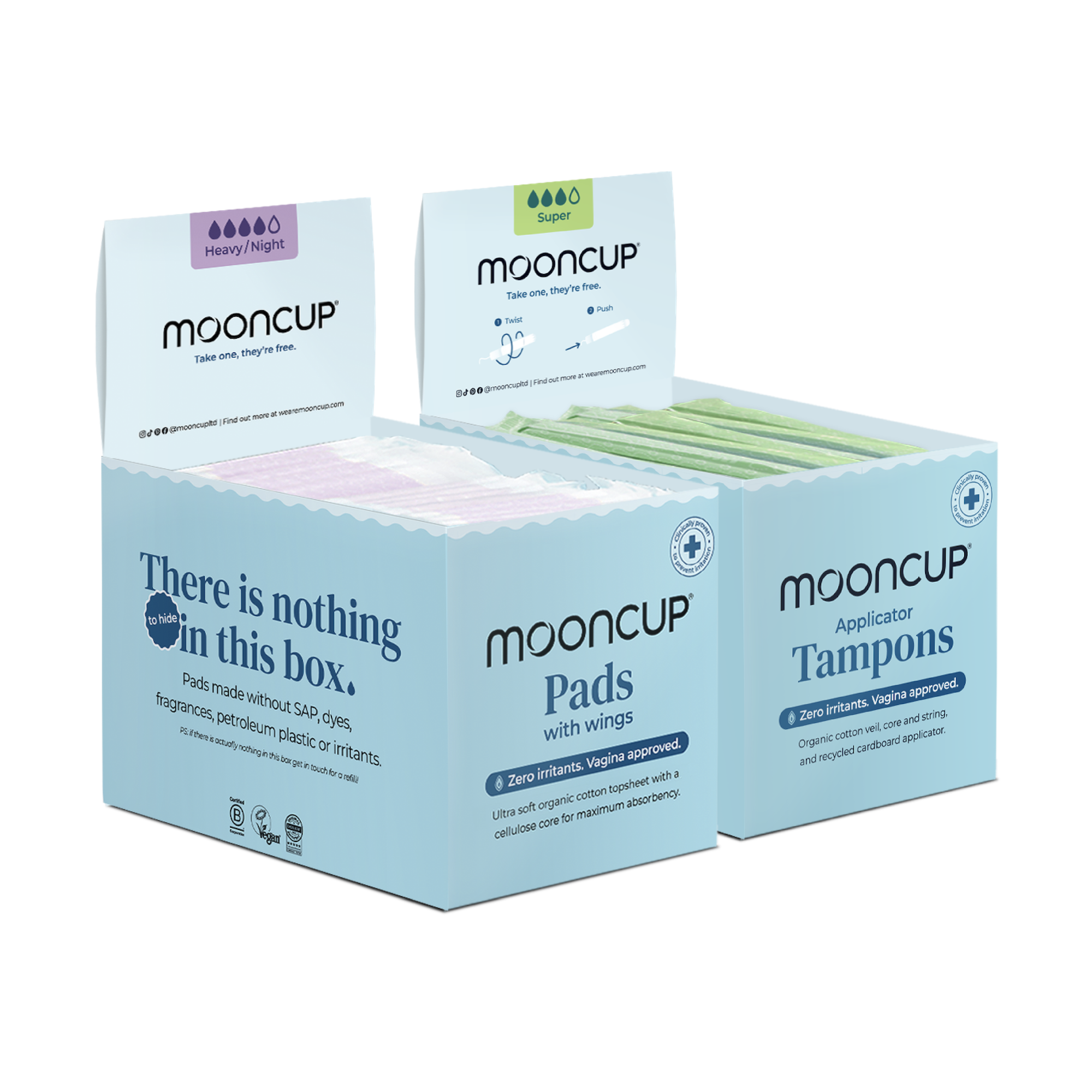 mooncup-display-box-bundle-heavy-super-80-assorbenti-60-tamponi image 1