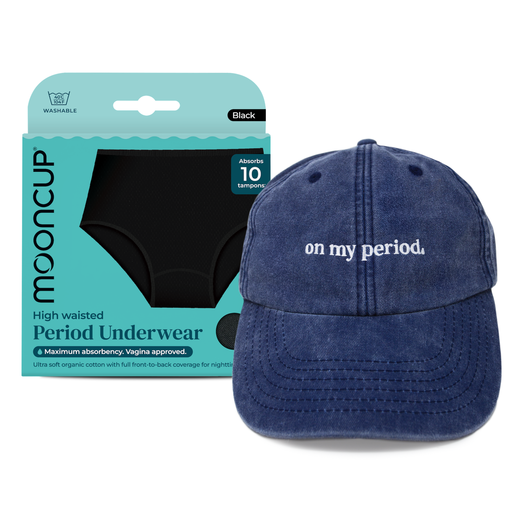 mooncup-cap-pants-bundle-cappellino-on-my-period-slip-mestruale image 1