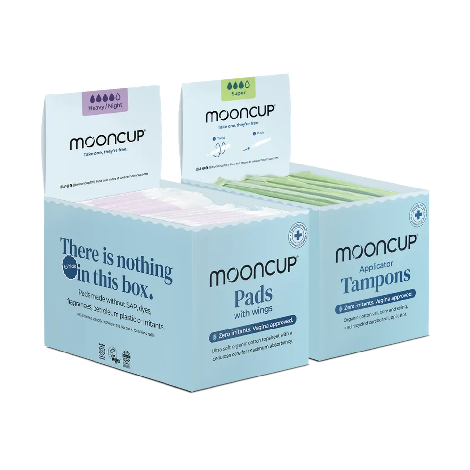 mooncup-display-box-bundle-heavy-super-80-assorbenti-60-tamponi image 1